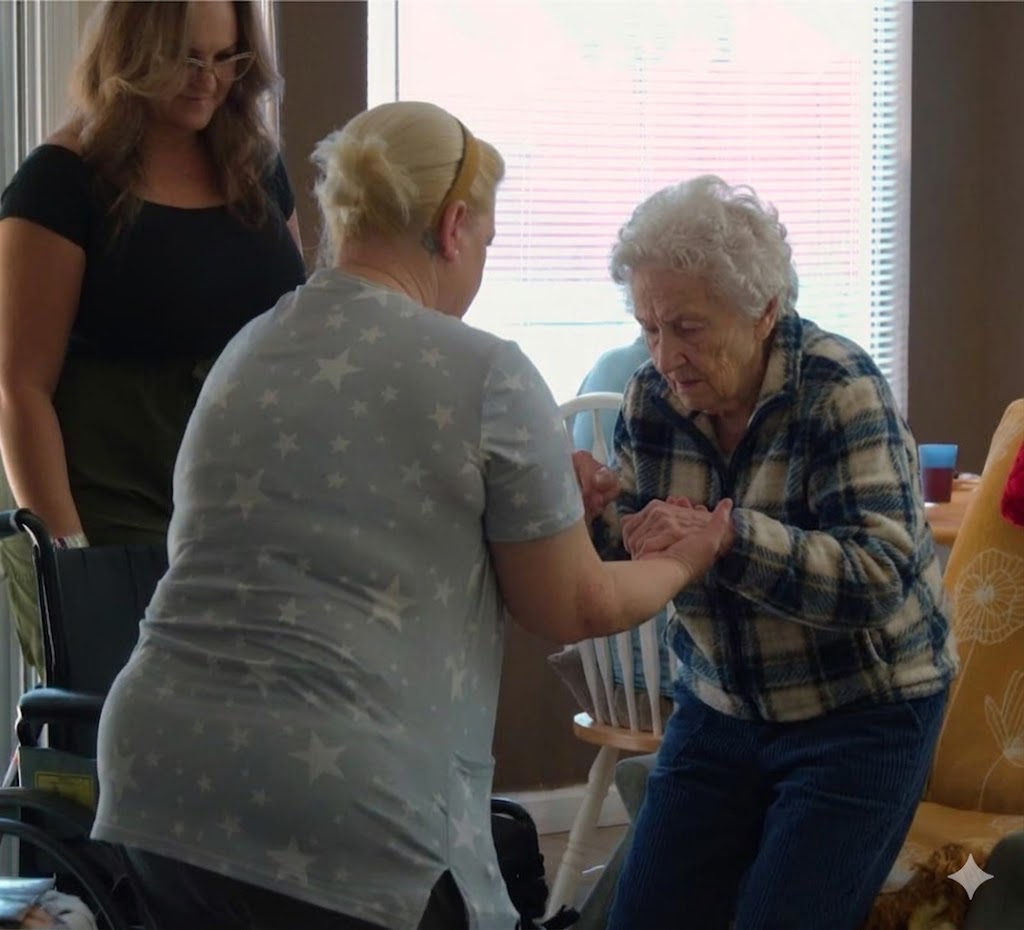 A dedicated caregiver at Guardian Angel Home Care provides hands-on assistance to an elderly resident, helping her transition safely from a wheelchair in a warm, home-like setting.